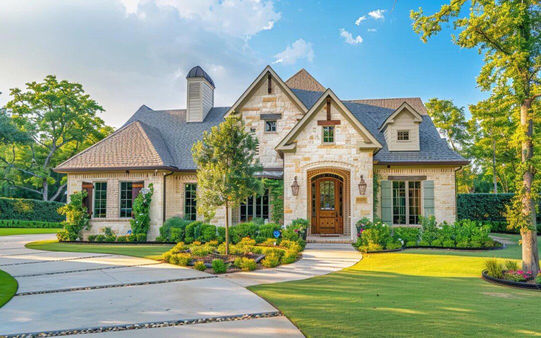 Houston home exterior with stone roof and landscaping, roofing services and remodeling.