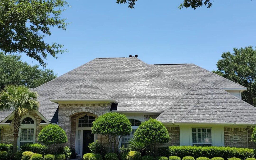 Beautiful Houston home with a newly replaced roof under a clear blue sky