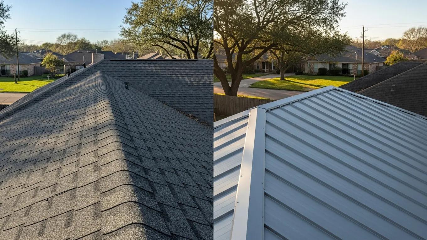 Comparison of asphalt shingles and metal roofing on residential roofs in a Houston neighborhood, highlighting material differences and design features.