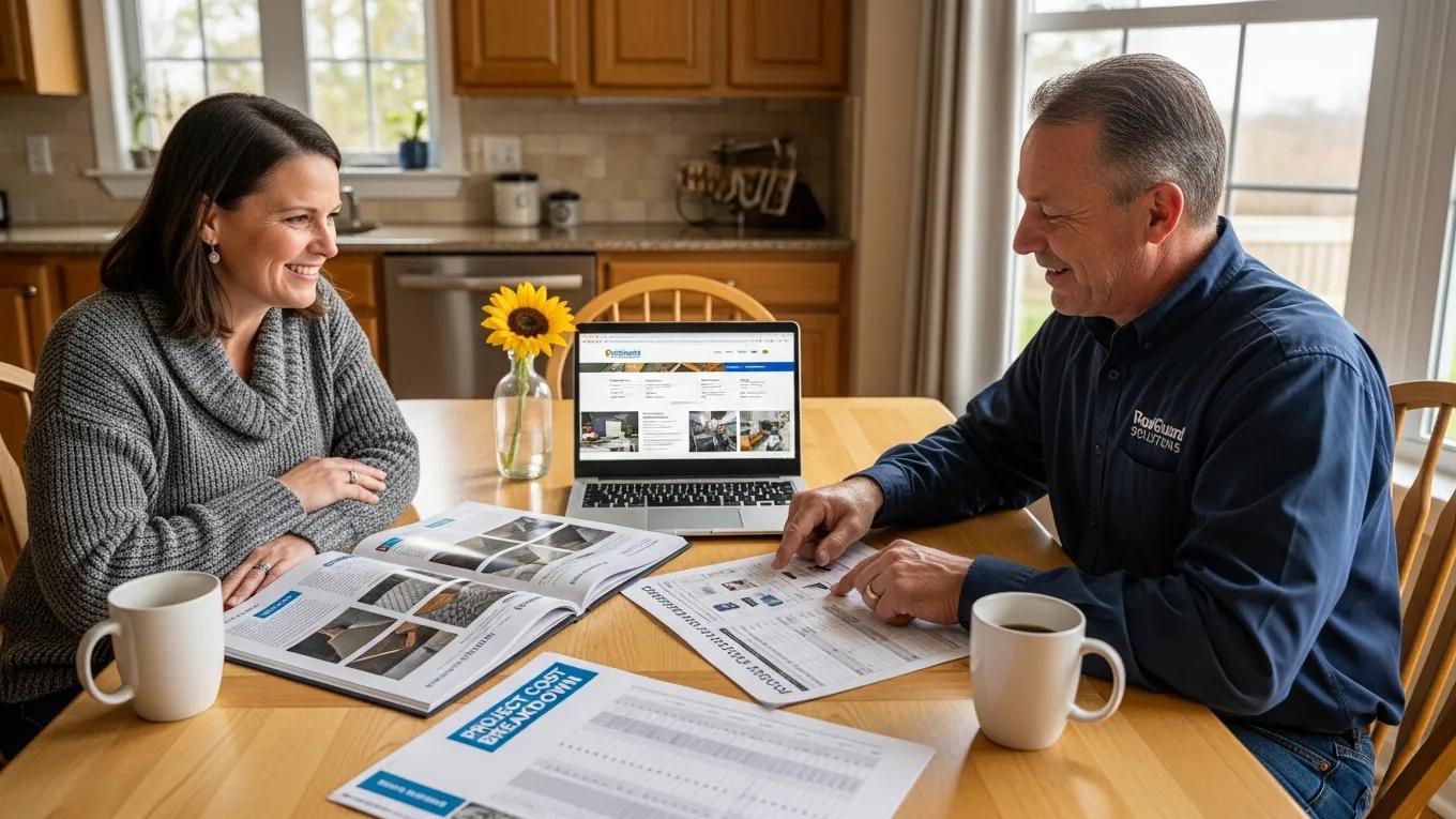 Homeowner discussing roof replacement financing options with a contractor at a kitchen table, featuring a laptop displaying roofing information, documents, and a sunflower centerpiece.