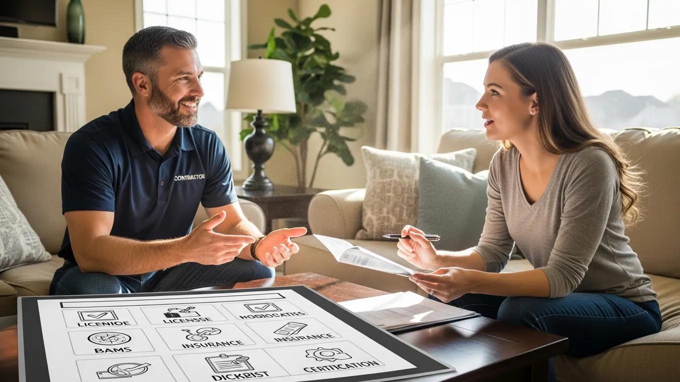 Homeowner discussing roofing options with a licensed contractor, reviewing qualifications and services, in a well-lit living room setting.
