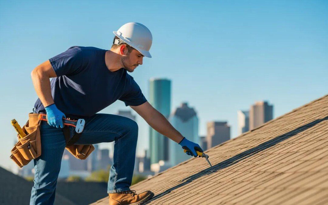 Professional roofer inspecting a residential roof in Houston, emphasizing roofing services and maintenance.