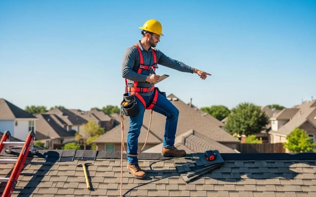 Professional roofing contractor inspecting a residential roof in Houston, wearing safety gear and pointing, with tools and shingles visible.