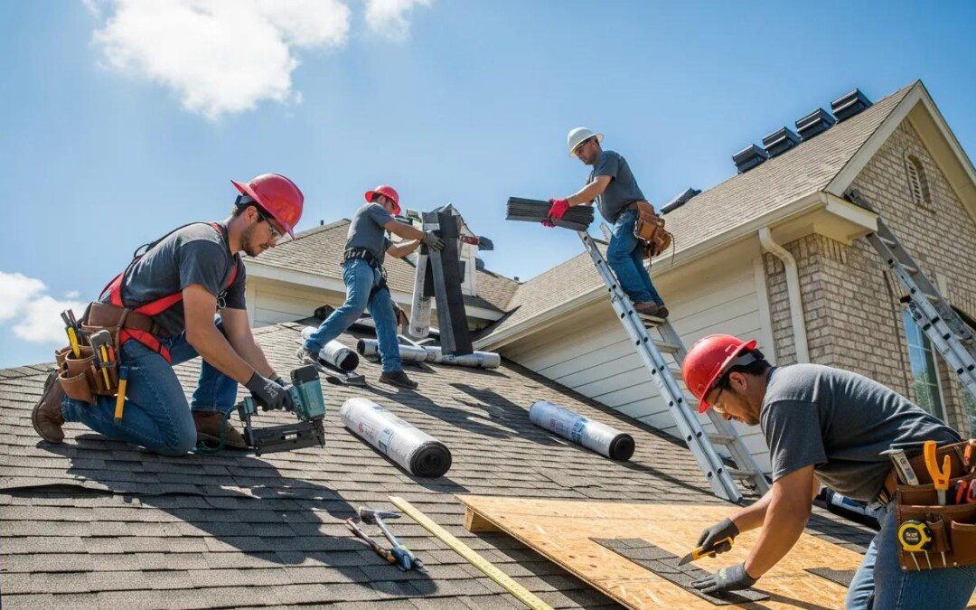 Professional roofing team repairing a residential roof in Houston
