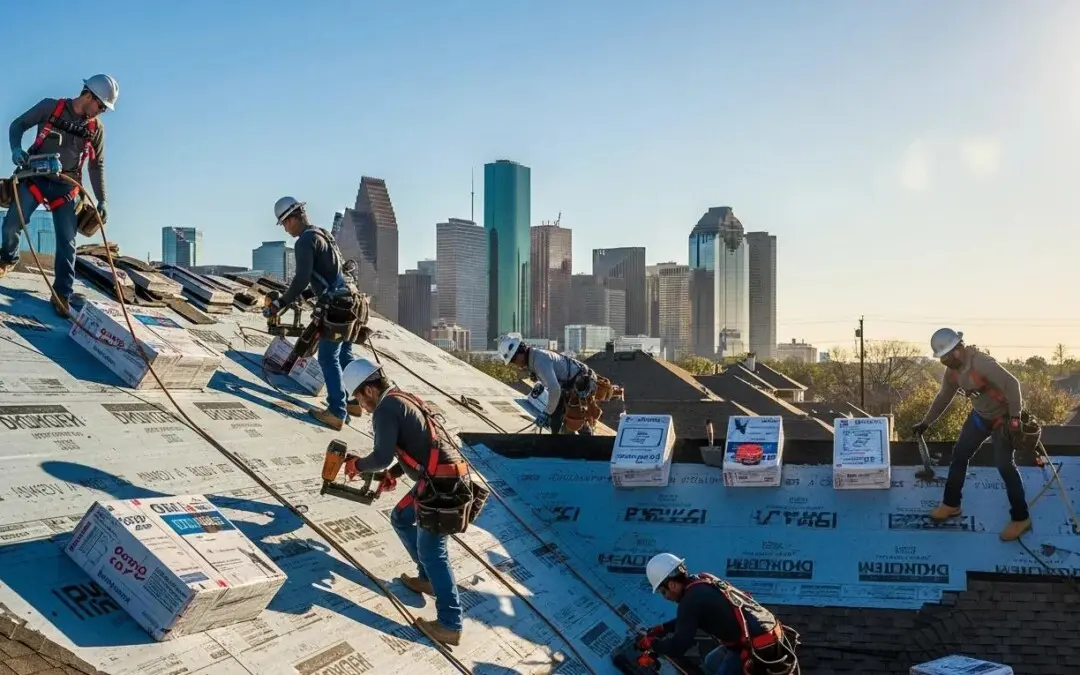 Residential roof replacement in Houston with roofers working under a clear blue sky