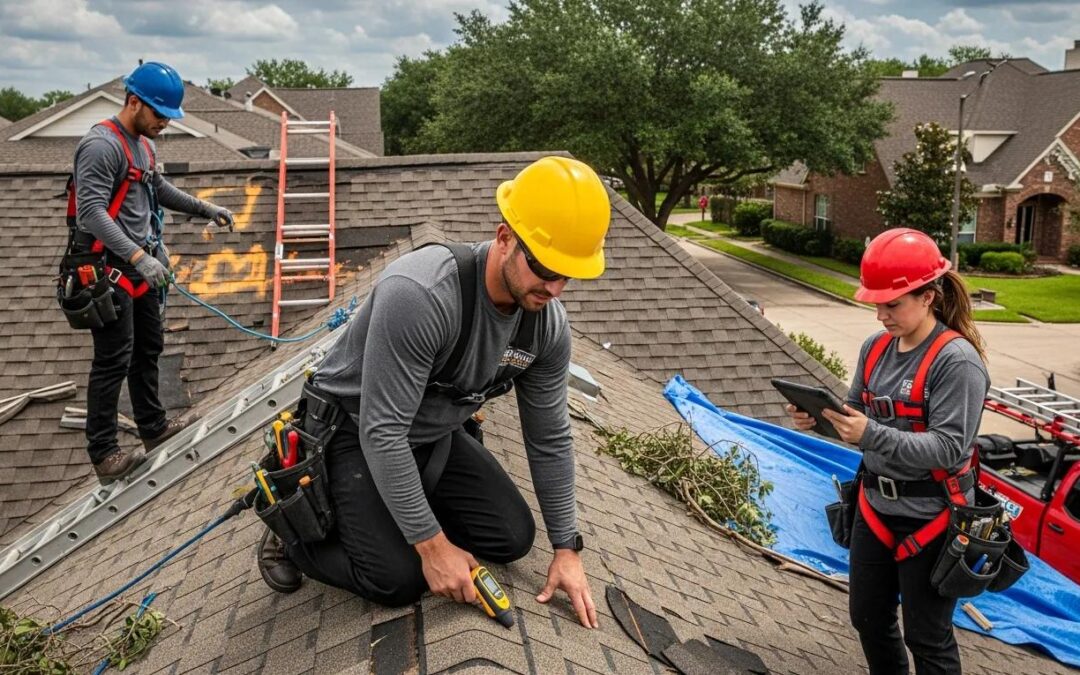 Roofing team assessing storm damage on a residential roof in Houston