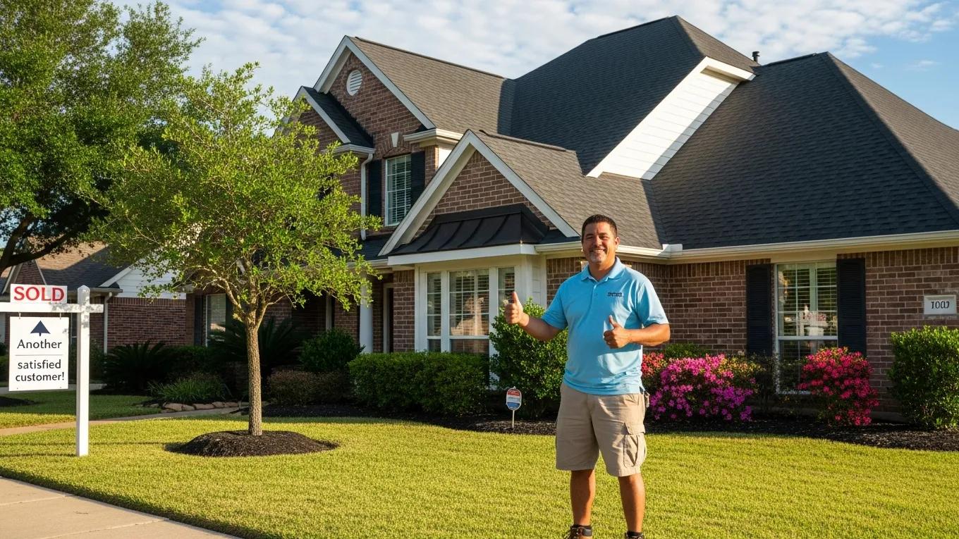Satisfied homeowner in front of a newly replaced roof, showcasing a "Sold" sign and a well-maintained lawn, highlighting customer satisfaction with roofing services in Houston.
