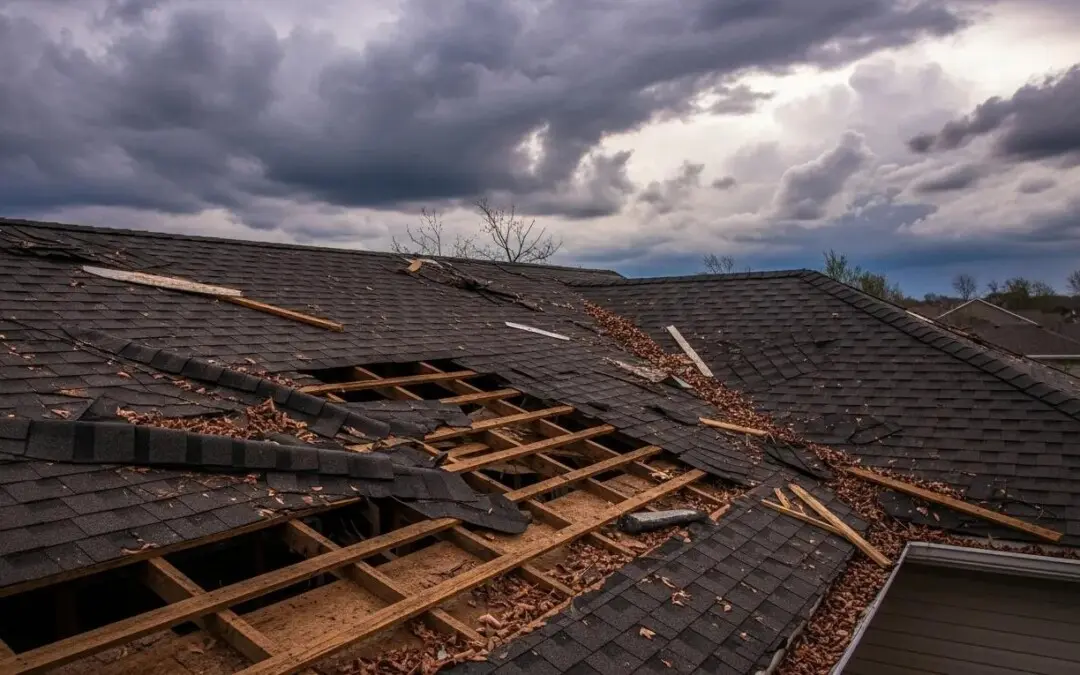 Storm-damaged roof with missing shingles and dark clouds