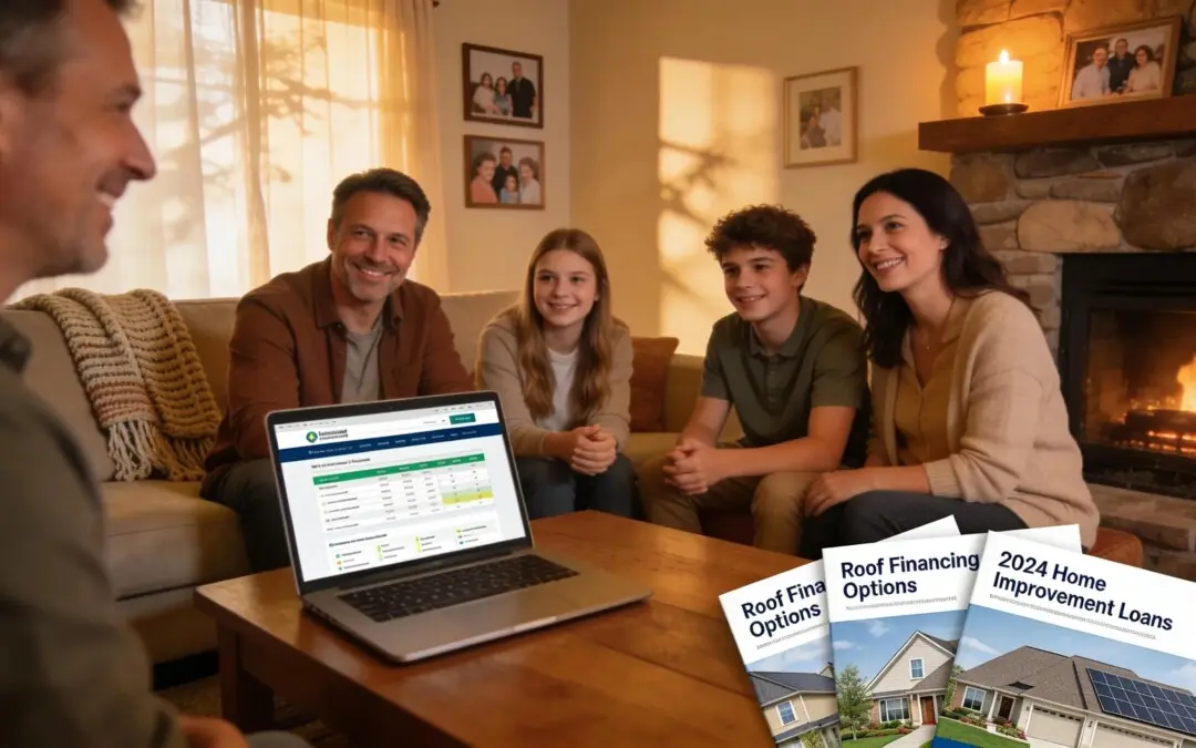 Family discussing roof financing options in a cozy living room