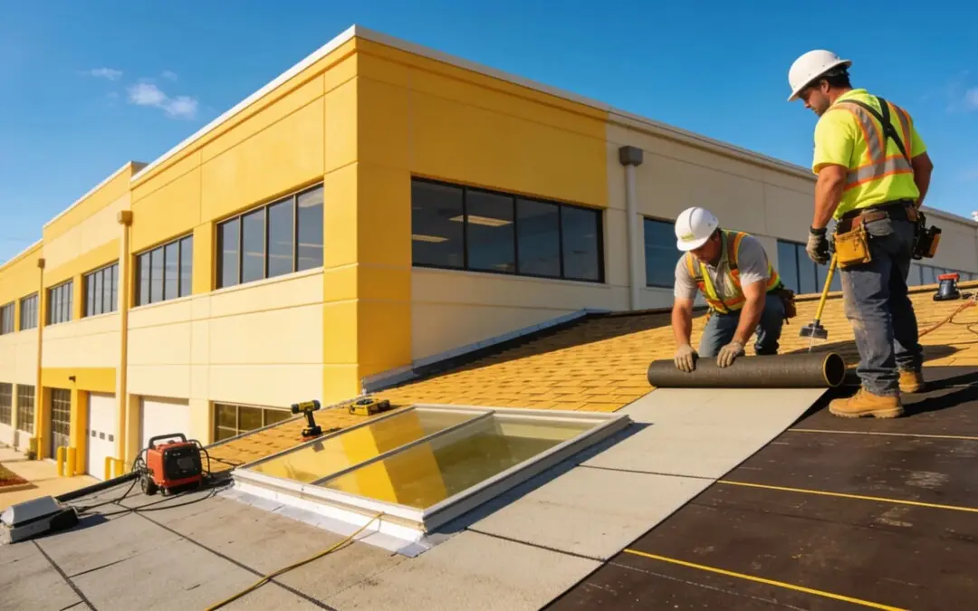 Houston commercial building with a durable roof and roofing experts inspecting