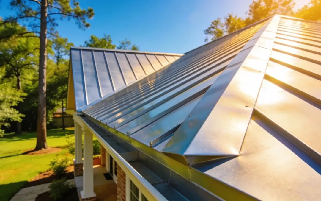 Modern metal roofing on a Houston home under a clear sky, illustrating durability and aesthetic appeal