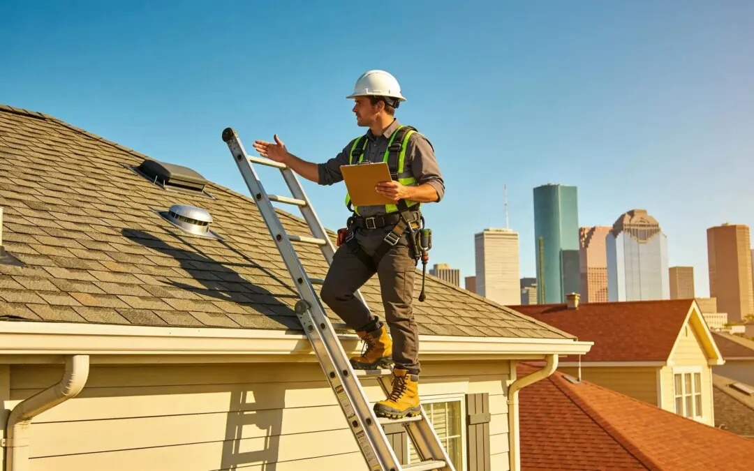 Professional roof inspector assessing a residential roof in Houston, emphasizing the importance of roof inspections