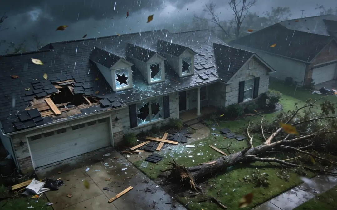 Houston home suffering from storm damage showcasing fallen debris and roof distress