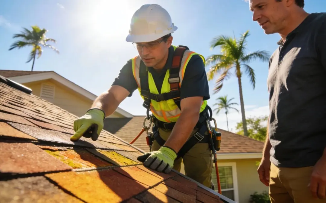 Roof inspection in Houston showing a professional evaluating shingles with a homeowner