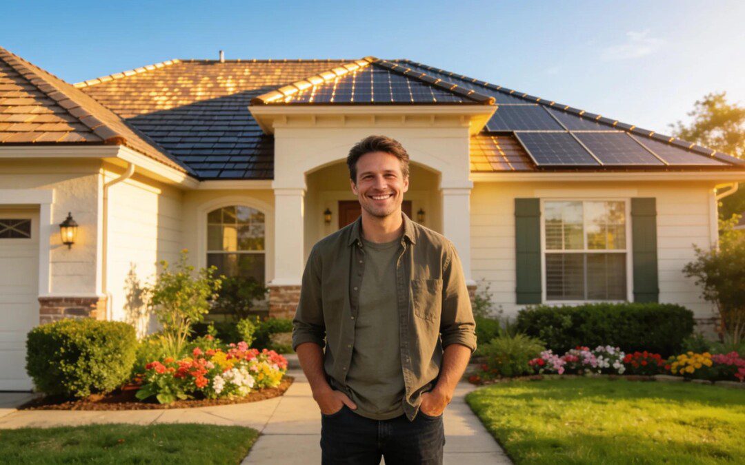Houston homeowner standing in front of house with solar roof panels, illustrating roof replacement financing options.