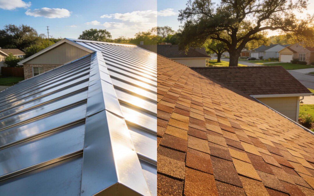 Comparison of metal and shingle roofing in a Houston neighborhood, highlighting two distinct roofing types
