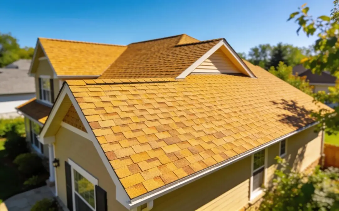 New asphalt shingle roof replacement on a house in Houston, Texas.