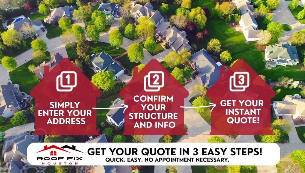 Roof Fix Houston instant online roof estimate tool, satellite imagery of Houston homes, three-step quote process.