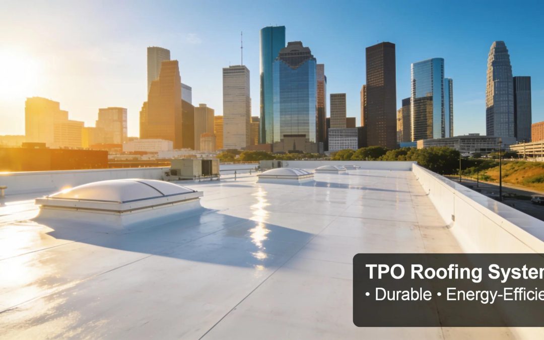Houston skyline with flat roof and TPO roofing system – durable and energy-efficient commercial roofing
