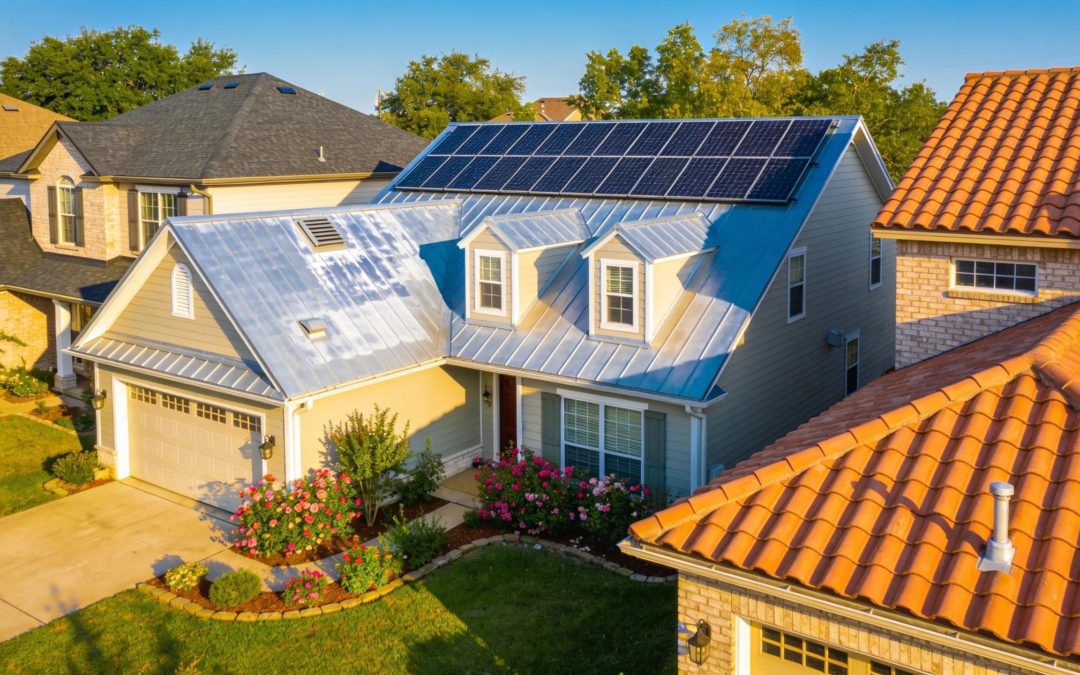 Houston home with solar panels and durable metal roofing for energy efficiency.