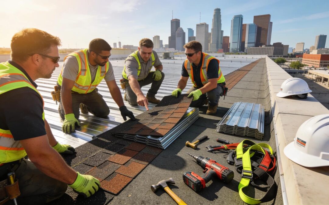 Commercial roofing contractors working together on a Houston building, showcasing teamwork and expertise in the industry.