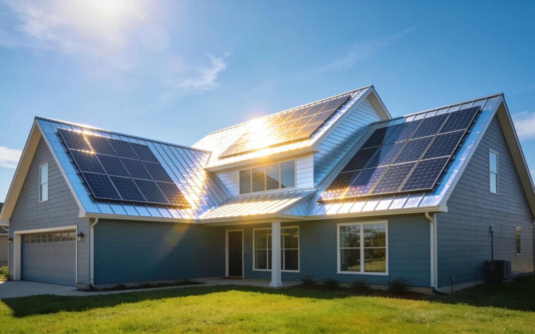 Energy-efficient roofing on a modern Houston home highlighting cool roofs and solar reflective shingles under a blue sky